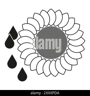 Sunflower vector icon. Seed and petal details. Water droplet symbols. Black and white contrast. Stock Vector
