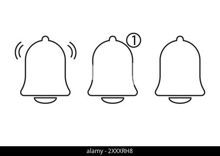 Notification bell icons. One alert symbol. Three simple vector bells. Black outline style. Stock Vector