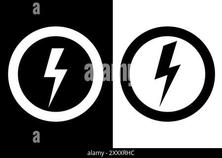 Two lightning icons. Black and white contrast. Bold electric symbol. Circular vector graphic. Stock Vector