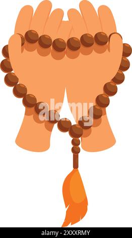 Person praying holding rosary beads in hands with feather tassel Stock Vector