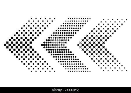 Abstract arrow patterns. Three geometric designs. Black gradient shapes. Optical illusion effect. Stock Vector
