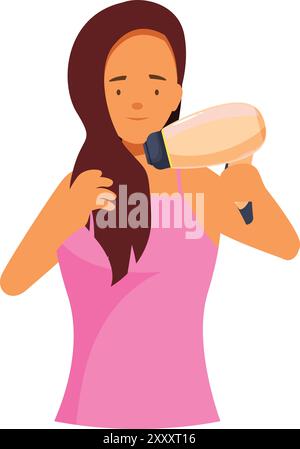 Young woman is drying her long hair after a shower using a hair dryer Stock Vector