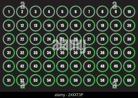 Countdown number icons. Circular progress indicators. Green and black color scheme. Vector infographic. Stock Vector