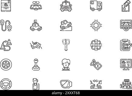 Driving school icons collection is a vector illustration with editable stroke. Stock Vector