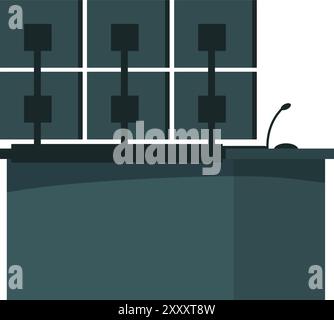Workplace of a security operator with multiple computer monitors showing cctv camera footage Stock Vector