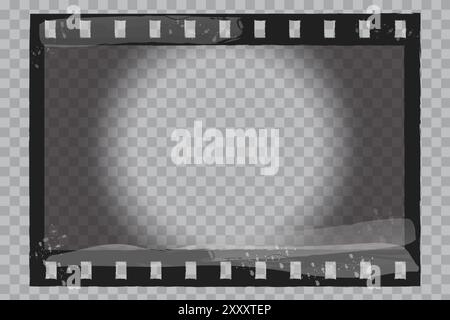 Vintage filmstrip frame. Distressed film border. Grunge cinema texture. Transparent grid overlay. Stock Vector