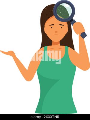 Young woman is examining her scalp with a magnifying glass, looking for signs of lice infestation Stock Vector