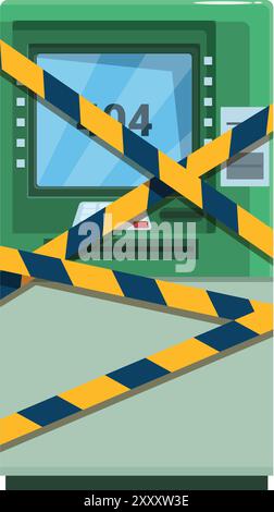 Green atm is wrapped in yellow and black caution tape showing 404 error on the screen Stock Vector