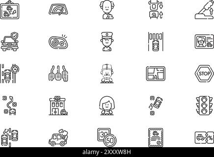 Driving school icons collection is a vector illustration with editable stroke. Stock Vector