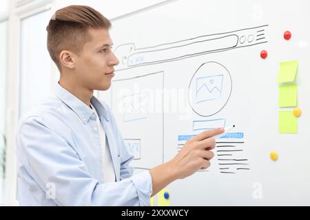 Developing UI design. Man drawing website wireframe on whiteboard indoors Stock Photo