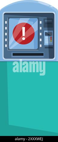 Atm is showing a warning message on the screen, indicating a malfunction or an issue Stock Vector