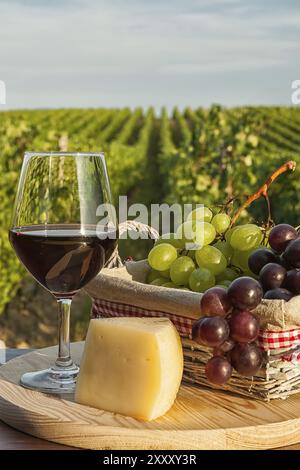Closeup of glass of red wine with grapes in a basket and cheese in front of a vineyard Stock Photo