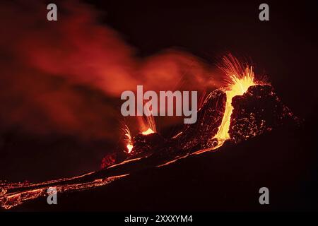 Fagradalsfjall volcanic eruption at night in Reykjanes peninsula around 40 kilometres from Reykjavik, Iceland, Europe Stock Photo