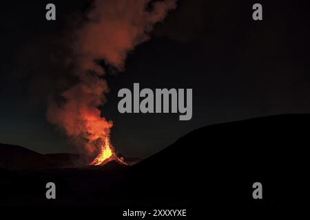 Fagradalsfjall volcanic eruption in the night before sunrise in Reykjanes peninsula around 40 kilometres from Reykjavik, Iceland, Europe Stock Photo