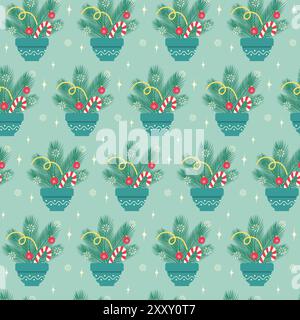 Bouquet of spruce twigs with Christmas balls and decorations in flower pot Holiday Seamless pattern in trendy shades. Vector Wallpaper, wrapping or web, posters, banner, cards, label design concept Stock Vector