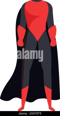 Superhero is standing with their arms at their sides, wearing a red and black costume and cape Stock Vector