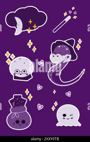 Cloud and moon, wand, Cristal ball, tarot cards pouch, ghost and snake Cute magic characters in trendy monochrome violet. Set of 6 Vector illustrations and decorative stars and hearts Sticker pack Stock Vector