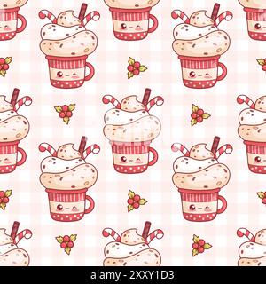Seamless pattern with cute Christmas red cup with cream dessert with striped candy canes on checkered background with holly. Funny holiday sweet kawai Stock Vector