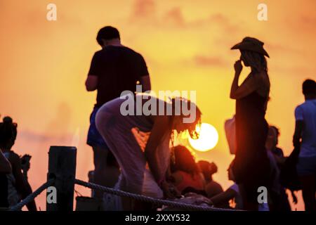 Puesta de sol en El Pirata Bus, Playa de Migjorn, Formentera, balearic islands, Spain, Europe Stock Photo