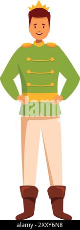 Confident prince wearing green medieval costume and gold crown standing with hands on hips Stock Vector
