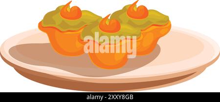 Round plate presenting three delicious stuffed bell peppers with green filling Stock Vector