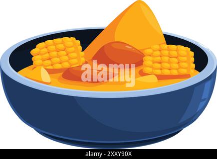 Colombian ajiaco soup served in a bowl with chicken, corn on the cob, avocado and potatoes Stock Vector