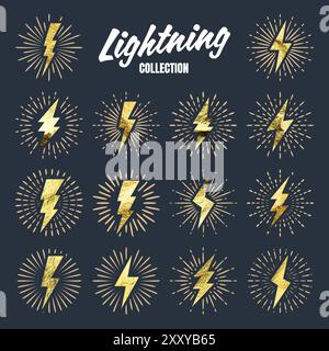 Set of vintage golden lightning bolts and sun rays. Gold foil texture. Lightnings with sunburst effect. Thunderbolt, electric shock sign. Vector Stock Vector