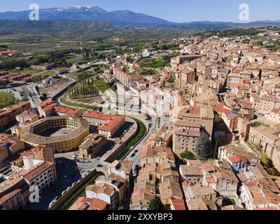 Aerial view of a historic town with tiled roofs and a hilly landscape in the background, aerial view, Plaza de Toros, bullring, Tarazona, Zaragoza, Ar Stock Photo