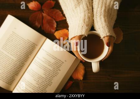 Woman hands holding teacup and opened book seen from above in vintage style Stock Photo