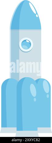 Cartoon illustration of a blue rocket ship standing on a launch pad ready for take off Stock Vector