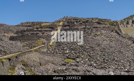 Walking in the derelict Dinorwic Quarry near Llanberis, Gwynedd, Wales, UK Stock Photo