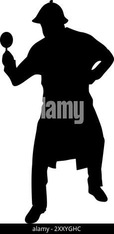 Silhouette of detective with magnifying glass in hand on white background. Suitable for stickers, logos, tattoos, icons Stock Vector