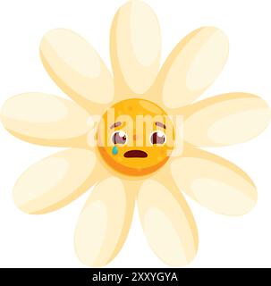 Cartoon illustration of a sad chamomile flower with a tear running down its cheek, isolated on a white background Stock Vector