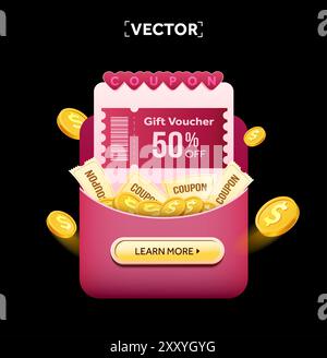 3d pink coupon with coupon code, percentage off inside an envelope with golden coins, isolated on dark background. Gift voucher banner template for valentine promotion popup. 3d vector illustration. Vector illustration Stock Vector