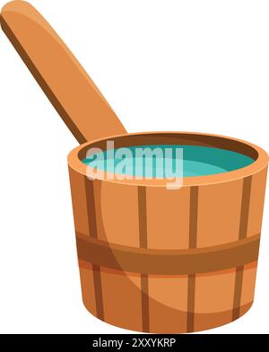 Traditional wooden bucket full of water with dipper for sauna, bathhouse equipment Stock Vector