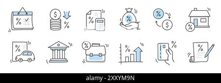 Loan interest rate doodle icon set. Hand drawn sketch doodle line style bank money loan interest rate icon for house, car discount percentage concept. Trendy cute element. Vector illustration Stock Vector