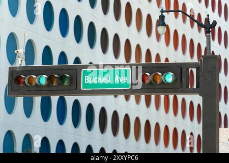 Traffic lights for traffic regulation high above street in Miami ...