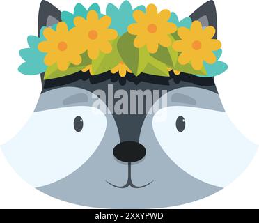 Cartoon raccoon head with a floral crown smiling happily Stock Vector