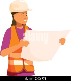 Female architect holding blueprints smiling wearing hard hat and safety vest Stock Vector