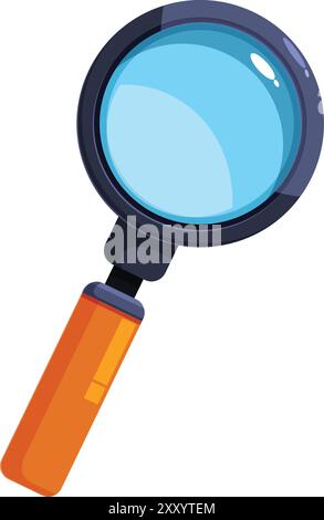 Cartoon magnifying glass with orange handle and blue lens is looking for evidence Stock Vector