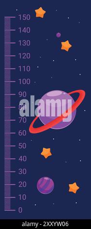 Kids height chart with cartoon planets and stars, measuring scale from zero to 150 centimeters Stock Vector