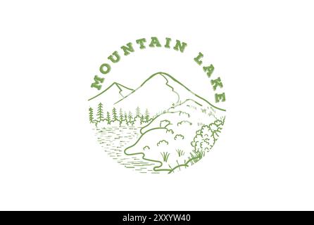 Mountain Pine Forest with Lake River Creek and Island Logo Design Stock Vector