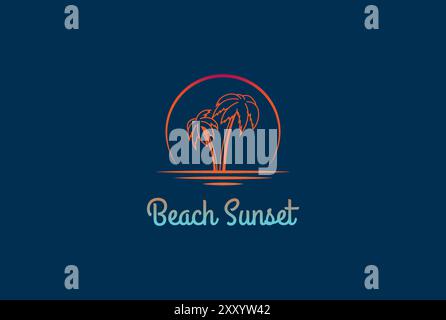Modern Simple Beach Sunset with Palm Coconut Logo Design Vector Stock Vector