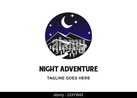 Mountain Night with Pine Cedar Conifer Evergreen Fir Cypress Larch Trees Forest for Outdoor Adventure Logo Design Vector Stock Vector