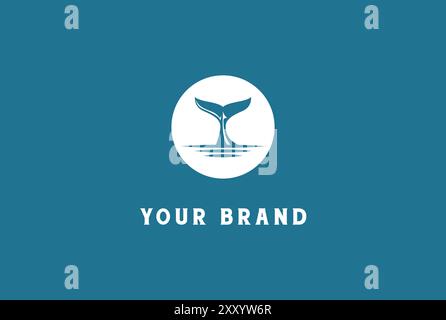 Simple Minimalist Sunset Beach with Whale or Dolphin Tail Logo Design Vector Stock Vector