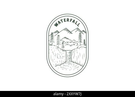 Vintage Retro Pine Evergreen Fir Larch Cypress Conifer Trees Forest with Mountain and Waterfall Badge Emblem Label Logo Design Stock Vector