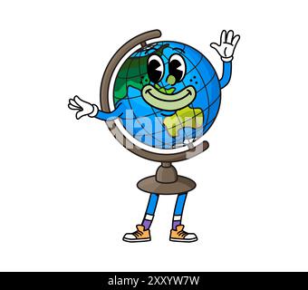 Cartoon groovy school globe character. Isolated vector earth planet, retro geographical map, educational item personage with smiling face, showcasing a friendly facial expression and waving hand Stock Vector