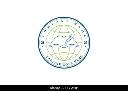 Circular Globe with Book and Pencil for Education School Collage University Badge Emblem Label Stamp Logo Design Vector Stock Vector