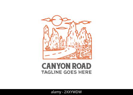 Vintage Retro Texas Canyon with Road and Cactus Desert Logo Design Vector Stock Vector