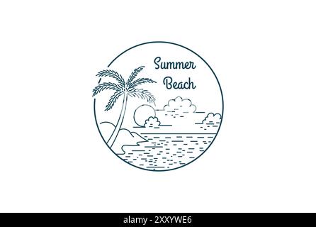 Sunset Beach with Palm Tree Line Linear Badge Emblem Logo Design Stock Vector